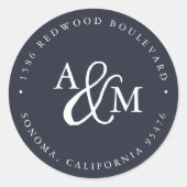 ネイビー&ホワイトモノグラム結婚ズ差出人住所 ラウンドシール (正面)