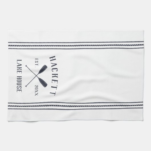 ネイビー&ホワイト素朴オールパーソナライズされたスレイクハウス キッチンタオル (横)