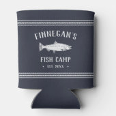 ネイビー&ホワイト素朴魚釣りキャビンパーソナライズされた 缶クーラー (裏面)