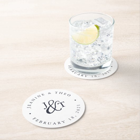 ネイビー&ホワイト結婚ズモノグラム ラウンドペーパーコースター (インサイチュ)