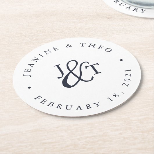 ネイビー&ホワイト結婚ズモノグラム ラウンドペーパーコースター (アングル)