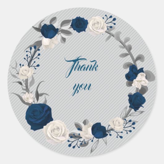 ネイビー&ホワイト花葉グレーリース感謝していユー ラウンドシール (正面)
