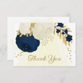 ネイビー&ホワイト花金ゴールドボ結婚タン サンキューカード (正面/裏面)