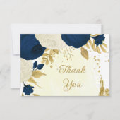 ネイビー&ホワイト花金ゴールドボ結婚タン サンキューカード (正面)