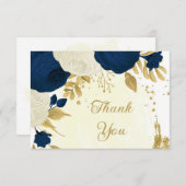 ネイビー&ホワイト花金ゴールドボ結婚タン サンキューカード (正面/裏面)