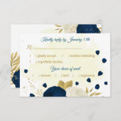 ネイビー&ホワイト花金ゴールドボ結婚タン 出欠カード (正面/裏面)