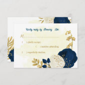 ネイビー&ホワイト花金ゴールドボ結婚タン 出欠カード (正面/裏面)