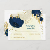 ネイビー&ホワイト花金ゴールドボ結婚タン 出欠カード (正面/裏面)