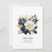 ネイビー、ホワイト、および金ゴールドのフローラ サンキューカード (正面)