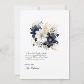 ネイビー、ホワイト、および金ゴールドのフローラ サンキューカード (裏面)