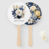 ネイビー、ホワイト、および金ゴールドのフローラ ハンドファン (正面&裏面)