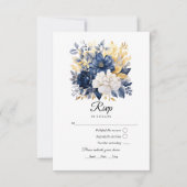 ネイビー、ホワイト、および金ゴールドのフローラ 出欠カード (正面)