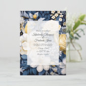 ネイビー、ホワイト、および金ゴールドのフローラ 招待状 (スタンド正面)