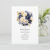 ネイビー、ホワイト、および金ゴールドフローラブライダルシャワー 招待状 (スタンド正面)