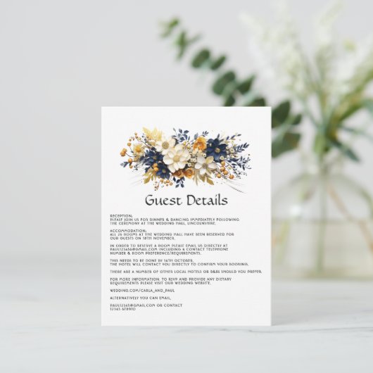 ネイビー、ホワイト、および金ゴールドフローラ結婚のゲスト詳細 エンクロージャーカード (スタンド正面)