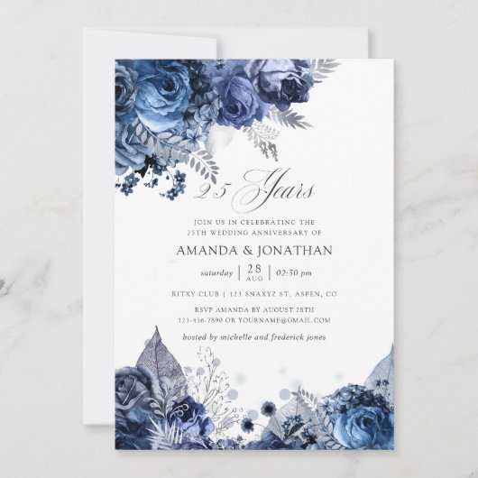 ネイビー&ホワイト シルバーフォイル 25周年結婚記念日 招待状 (正面)