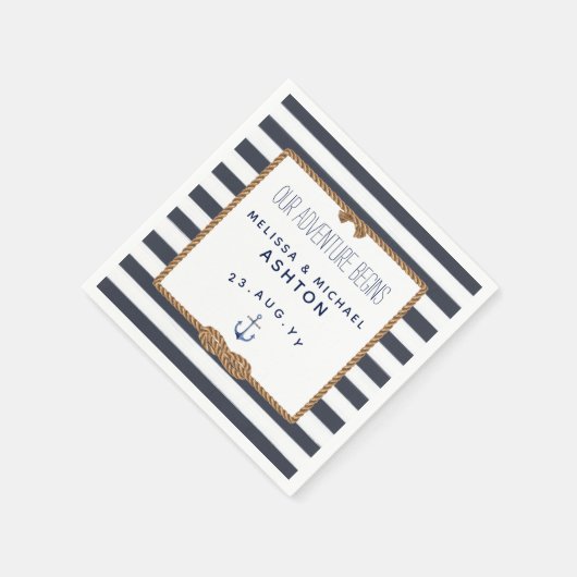 ネイビー&ホワイト ストライプ 航海 結び目 無限 ウェディング スタンダードカクテルナプキン (角)
