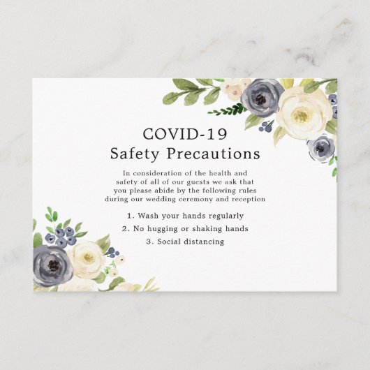 ネイビー＆ホワイト フラワー ウェディング COVID-19 安全対策 エンクロージャーカード (正面)