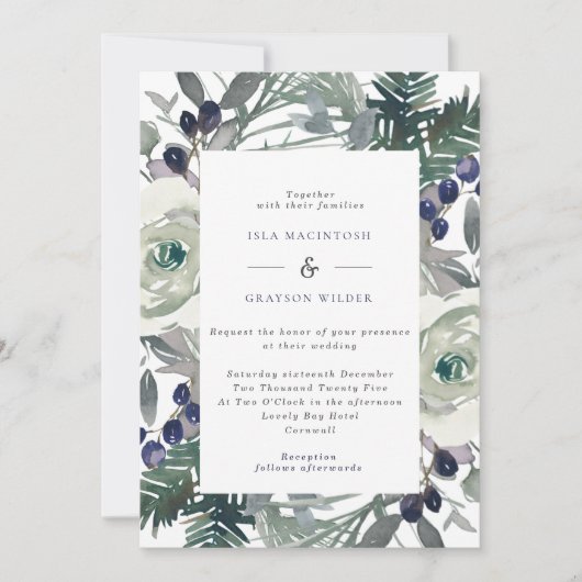ネイビー & ホワイト フラワー & ベリー ウィンター ウェディング 招待状 (正面)