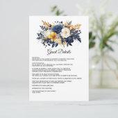ネイビー、ホワイト、金ゴールドフローラ結婚ズゲスト詳細 エンクロージャーカード (スタンド正面)
