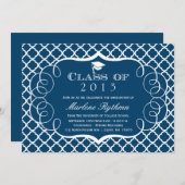 ネイビー+ホワイトquatrefoil卒業発表 招待状 (正面/裏面)