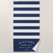 ネイビー&ホワストライプイトパーソナライズされたファミリー懇親会 ビーチタオル (正面)