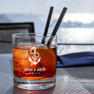 ネイビー&ホワ航海のイトロープ&いかり結婚式の引き出物 ウイスキーグラス