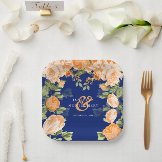 ネイビー・ボタニカル・オレンジ色の花 ペーパープレート (ウェディング)