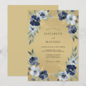 ネイビー ボタニカル フラワー ウェディング 招待状 (正面/裏面)