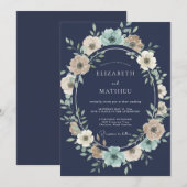 ネイビー ボタニカル リース ウェディング 招待状 (正面/裏面)