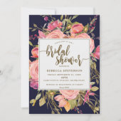 ネイビー・ボホ・ワイルド・フラワーブライダル・シャワー招待 招待状 (正面)