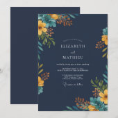 ネイビー・マスタードの野の花の結婚式 招待状 (正面/裏面)