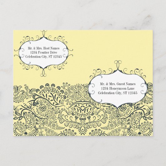 ネイビー&マスタードイエローピーコックリハーサルディナー インビテーションポストカード (裏面)