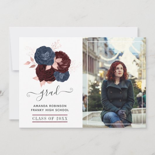 ネイビー、マルーン、バラ金ゴールドフローラ卒業写真 案内状 (正面)