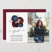 ネイビー、マルーン、バラ金ゴールドフローラ卒業写真 案内状 (正面/裏面)