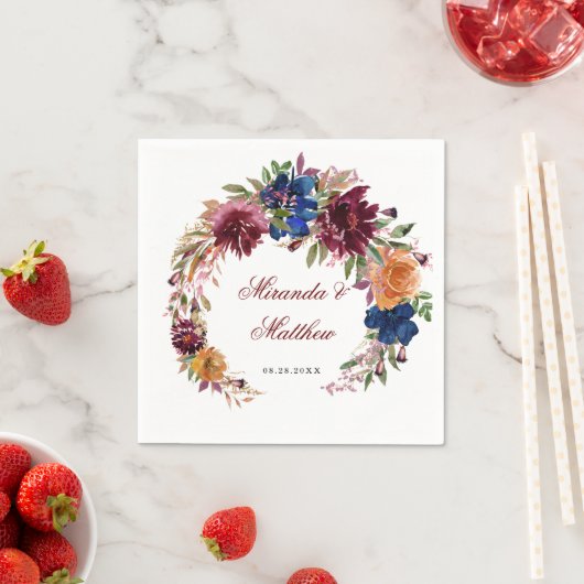 ネイビー マーサラ オレンジ フローラル ジオメトリック ウェディング スタンダードカクテルナプキン (インサイチュ)