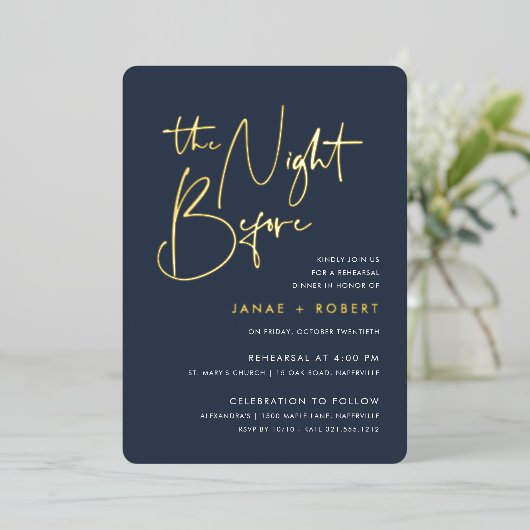 ネイビー |ミニマルモダンリストリハーサルディナー 箔招待状 (立ち正面)