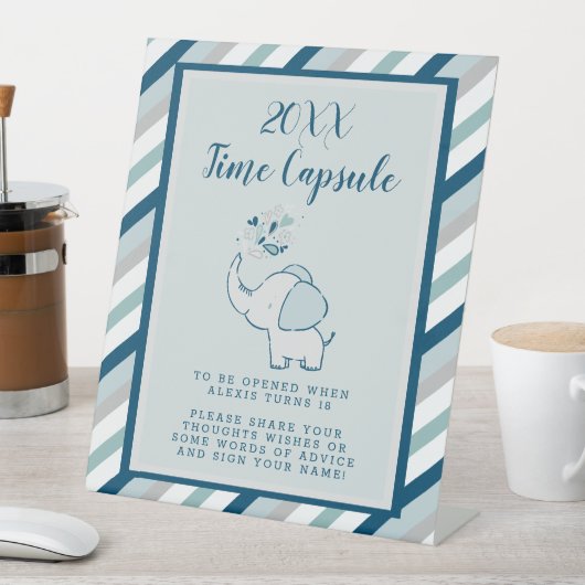 ネイビー&ミントエレファントベビーシャワータイムカプセル 台座サイン (インサイチュ)