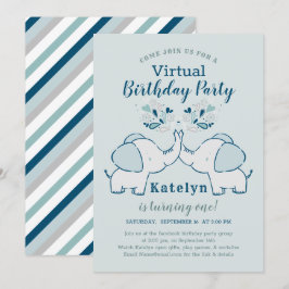 ネイビー&ミントキュートエレファントバーチャル誕生日パーティー 招待状