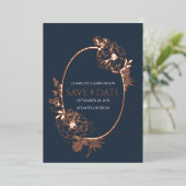 ネイビー モダン フラワー スケッチ オーバル セーブ ザ デート 箔招待状 (立ち正面)