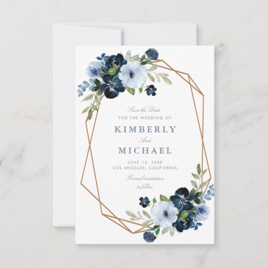 ネイビー&ライトブルーの結婚式は日付カードを保存 セーブザデート (正面)