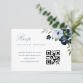 ネイビー&ライトブルー結婚フローラのQRコードrsvpカード 出欠カード (スタンド正面)
