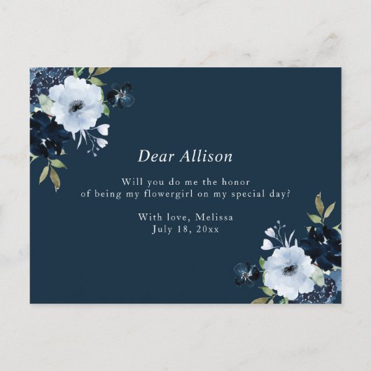 ネイビー ライトブルー 私のフラワーガールになってくれる？ カード (裏面)
