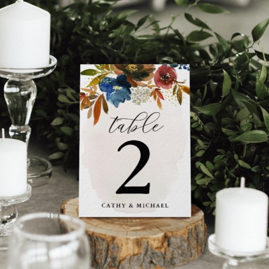 ネイビー&ラストウォーターカラーボホフローラパーソナライズされたタ テーブルナンバー