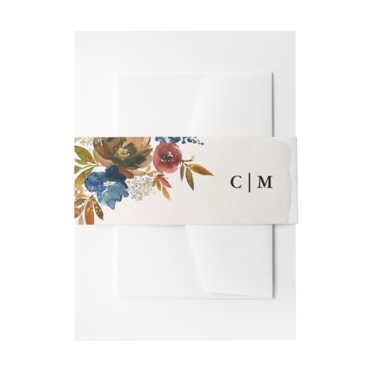 ネイビー&ラストウォーターカラーボホフローラ パーソナライズされた 招待状ベリーバンド (正面例)