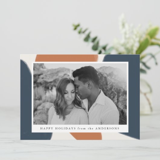 ネイビー&ラスト抽象芸術シェイプホリデーフォトカード シーズンカード (スタンド正面)