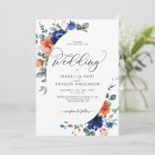 ネイビー ラスト オレンジ バーン フローラル ウォーターカラー ウェディング 招待状 (スタンド正面)