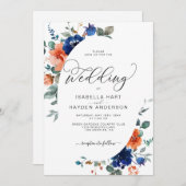 ネイビー ラスト オレンジ バーン フローラル ウォーターカラー ウェディング 招待状 (正面/裏面)