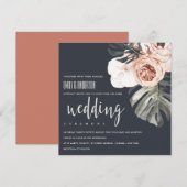 ネイビー ラスト モンステラ ウォーターカラー フラワーのウェディング 招待状 (正面/裏面)