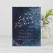 ネイビー・ルースド・フラワーのカリグラフィー・リハーサル・ディナー 招待状 (スタンド正面)